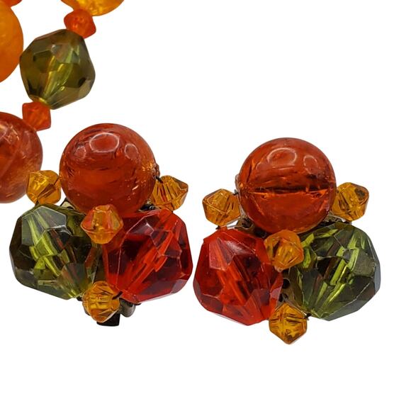 Vintage West Germany Acrylic Bead Necklace Earrings Set Orange Green Retro 1960s - Picture 3 of 10